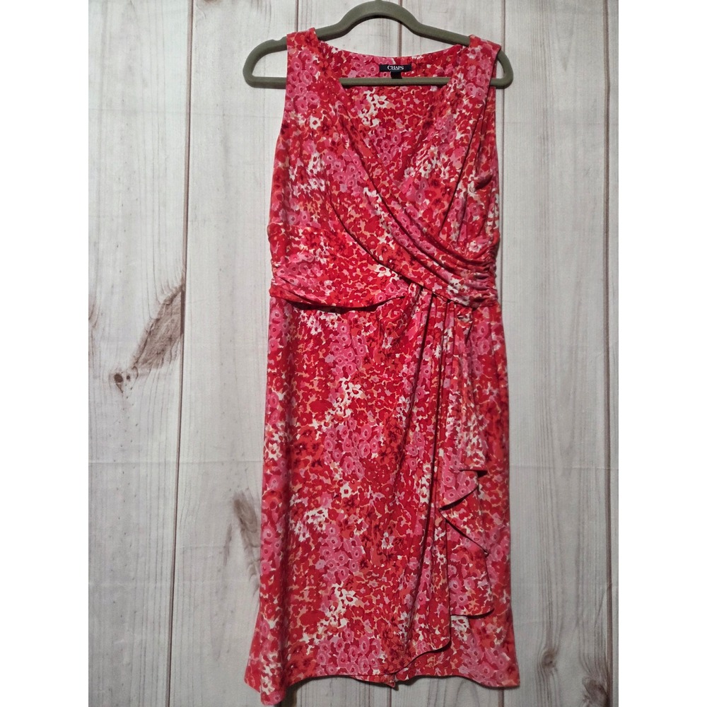 Chaps Womens Pink Red Floral Faux Wrap Ruffle Sheath Dress Large L‎ Sleeveless